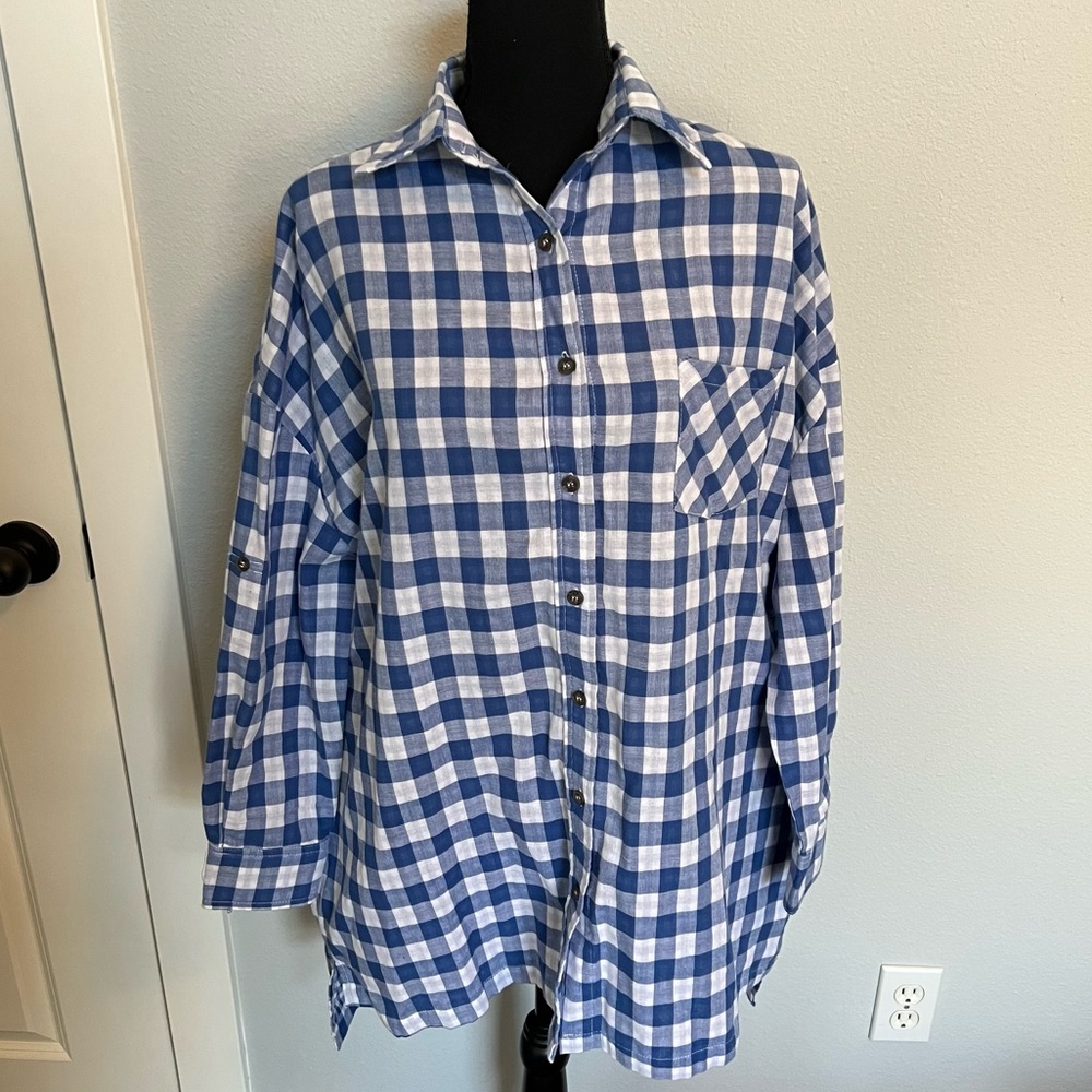 Oversized gingham blue button down dress/tunic